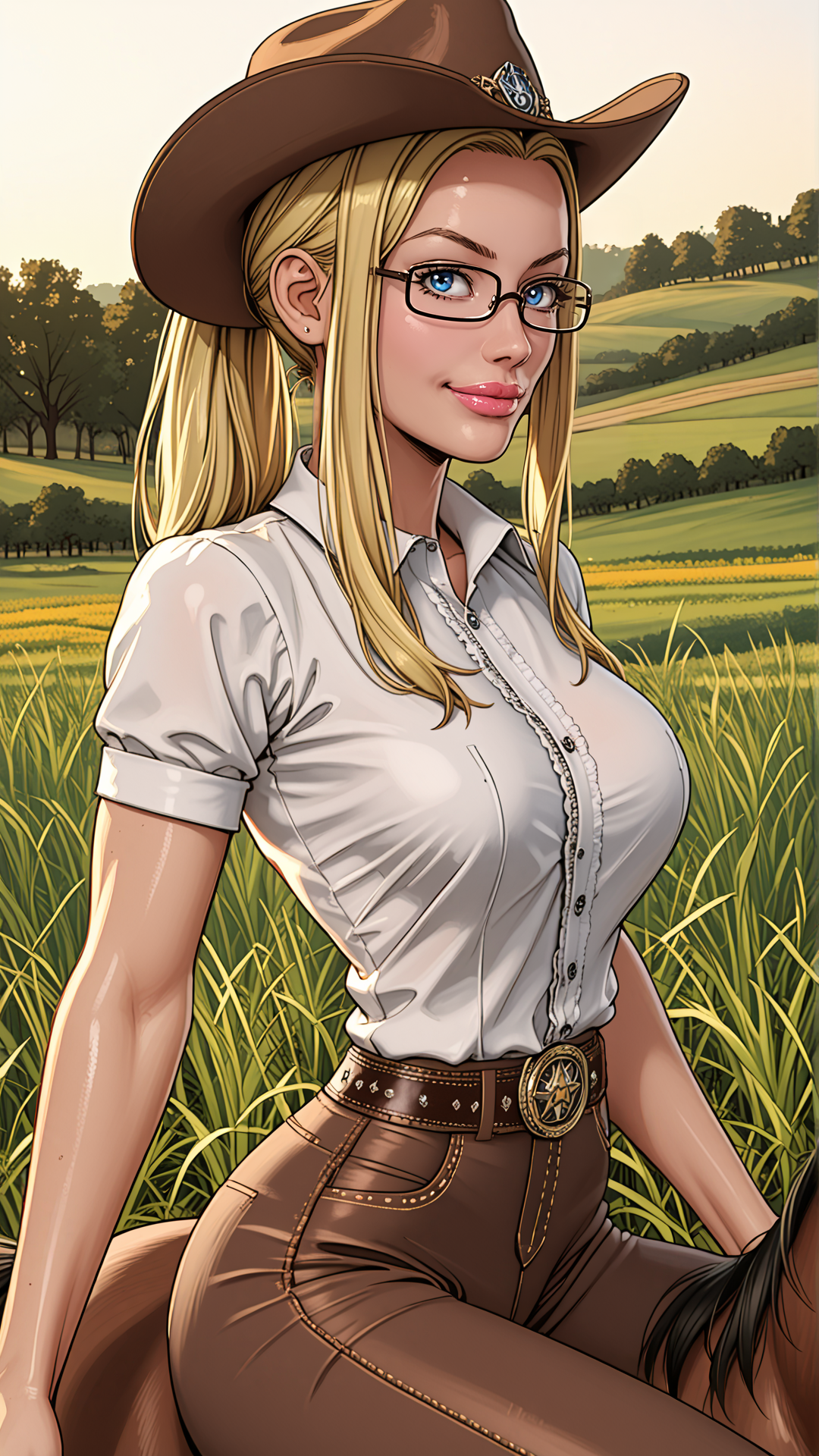 <lora:The_Pit-PonyXL-1024px-split-v2:0.5>, <lora:Oil Painting Sharp Style LoRA_Pony XL v6:0.3>, score_9, score_8_up, score_7_up, masterpiece, best quality, highres, sharp focus, cinematic lighting, hdr, high contrast, fields, trees, grass, dynamic angle, close-up BREAK
<lora:Elise_Illustrious_Darklord:0.8>, 1girl, solo, dkelise, eyeglasses. makeup, blue eyes, blonde hair, ponytail, cowboy shirt, brown pants, cowboy boots, cowboy hat, french manicure, riding horse, looking at viewer,