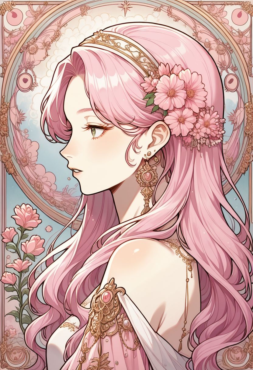 pastel style, 1girl, flower, solo, long hair, pink hair, earrings, jewelry, hair flower, hair ornament, profile, pink flower, art nouveau, parted lips, hairband, bare shoulders, upper body, portrait, soft color, soft hues, chalk, pigment, pastel color, pastel pencil technique, soft color tones, pastel painting, pastel (medium), zPDXL