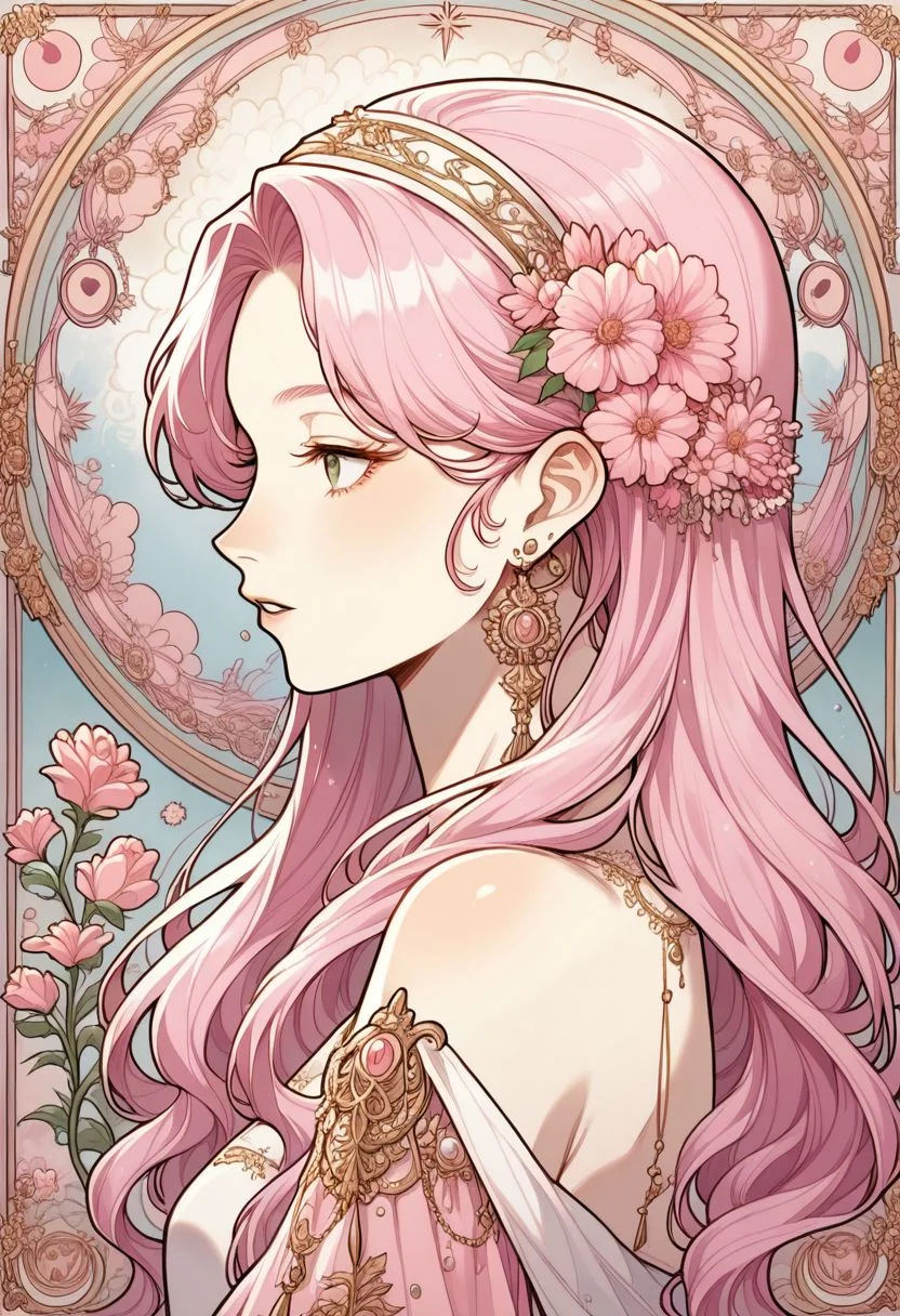 pastel style, 1girl, flower, solo, long hair, pink hair, earrings, jewelry, hair flower, hair ornament, profile, pink flower, art nouveau, parted lips, hairband, bare shoulders, upper body, portrait, soft color, soft hues, chalk, pigment, pastel color, pastel pencil technique, soft color tones, pastel painting, pastel (medium), zPDXL