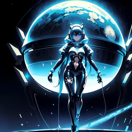 1girl,long hair,((blue hair)),blue eyes,space,galaxy,comet,(illustration:2),(perfect details:1.1),landscape,background,latex,abstract,sexy,(blue sunglasses),headphones,blue and black and white outfit,(extremely detailed),cyberpunk,futuristic,hood,sparkle,full body