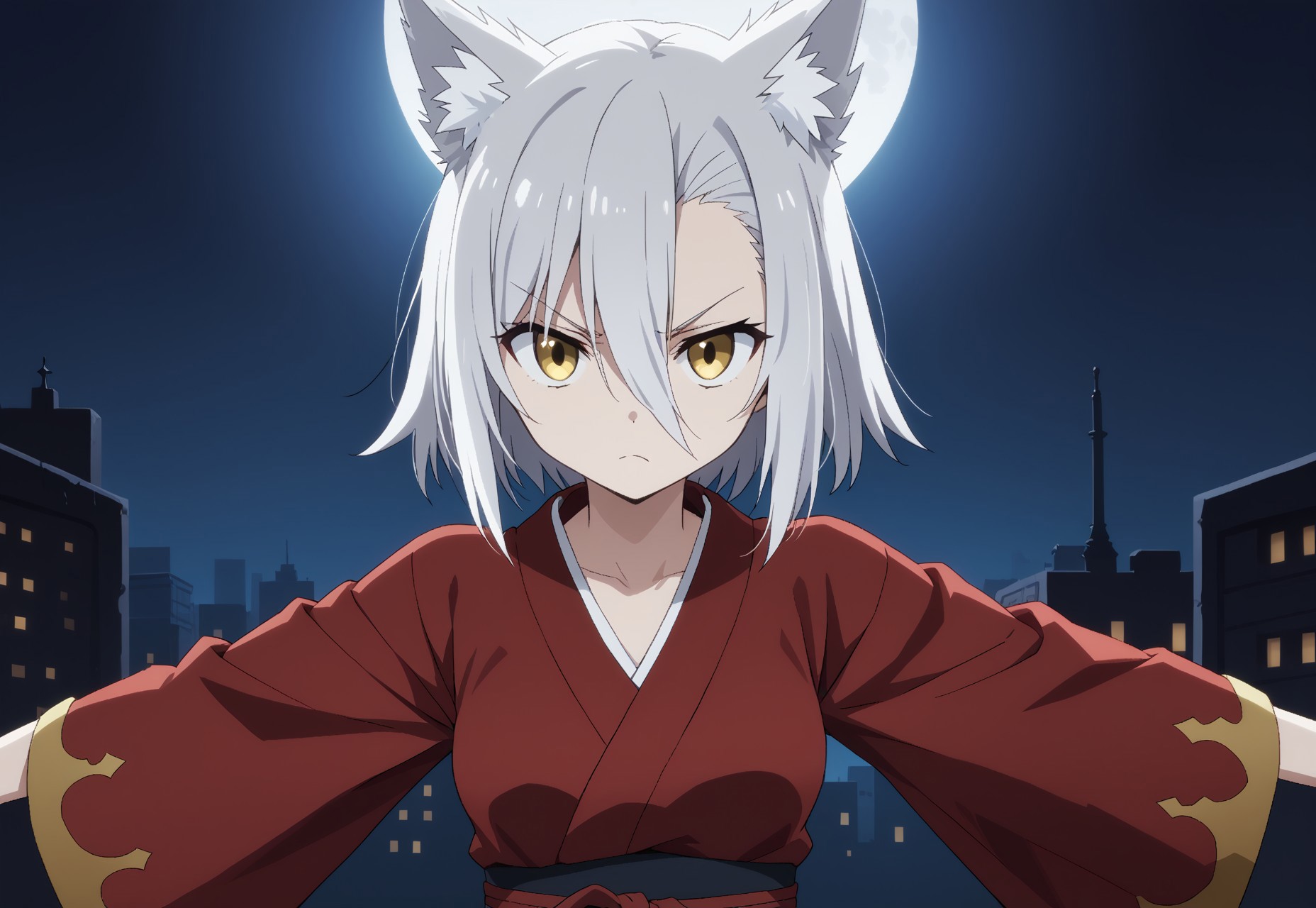 safe_pos, safe_pos, safe_pos, safe_pos, safe_pos, safe_pos, safe_pos, safe_pos, safe_pos, safe_pos, safe_pos, 1 girl, solo focus, silver fox ears, silver fox tail, , Score_9, Score_8_up, Score_7_up, fine details, small face, medium breasts (size B), short straight hair (bob), shoulder-length hair,  silver hair (moon silver), big eyes, bright golden eyes (sun gold), straight hair, infinitely cute, pretty, asymmetrical bangs between eyes, loose hair, loose hair over sides of head, hair covering sides of head, masterpiece, anime source, bold colors, soft facial features, petite, cute, very petite and slim, short stature, small body, young

At night, dark night, city, middle ages, front view, upper body, serious face, huge moon in the background, hair shining brightly in the moonlight, powerful aura, stretching right  hand towards the viewer, anime scene, epic scene, grandiose lighting, red kimono