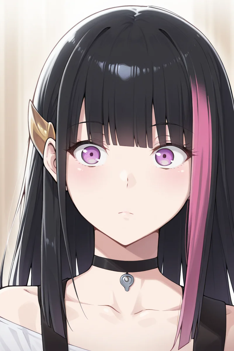 masterpiece, best quality, amazing quality,
 <lora:Rouge_IL:1> rouge, 1girl, solo, choker, multicolored hair, hair ornament, black hair, pink hair, bangs, black choker, long hair, shirt, collarbone, streaked hair, blunt bangs, purple eyes, standart outfit, portrait, close-up
