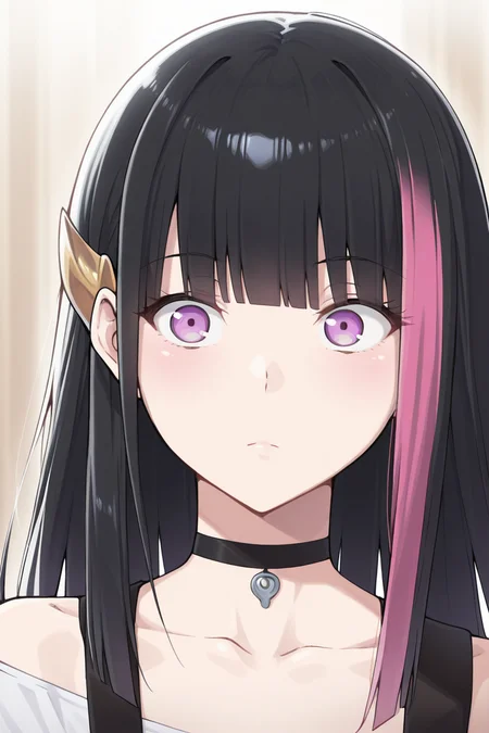 masterpiece, best quality, amazing quality,
<lora:Rouge_IL:1> rouge, 1girl, solo, choker, multicolored hair, hair ornament, black hair, pink hair, bangs, black choker, long hair, shirt, collarbone, streaked hair, blunt bangs, purple eyes, standart outfit, portrait, close-up