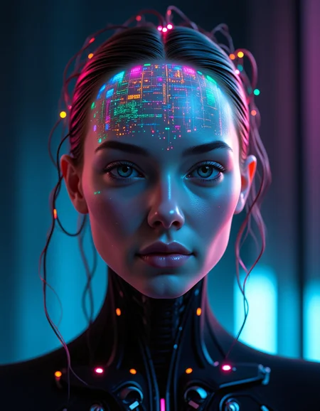 A sleek, a humanoid biopunk robot head with a glowing multicolored neon circuitry grid visible beneath its translucent, pale skin, stands serenely within a minimalist, high-tech space. Its delicate facial features, high cheekbones, and subtle, enigmatic smile are set amidst a wild tangle of fiber-optic 'hair' strands that shimmer and glow in harmony with the circuitry. A soft, ethereal glow from the background's blurred, gradient blend of dark blues and purples casts an otherworldly light, causing the neon colors to shimmer with increased vibrancy and imbuing the scene with a sense of enchanting futurism, as if this robot is a masterpiece of <lora:flux/Realism 2.safetensors:1.0>, <lora:flux_trainer/moxiePunk_v3.safetensors:1.0>,
