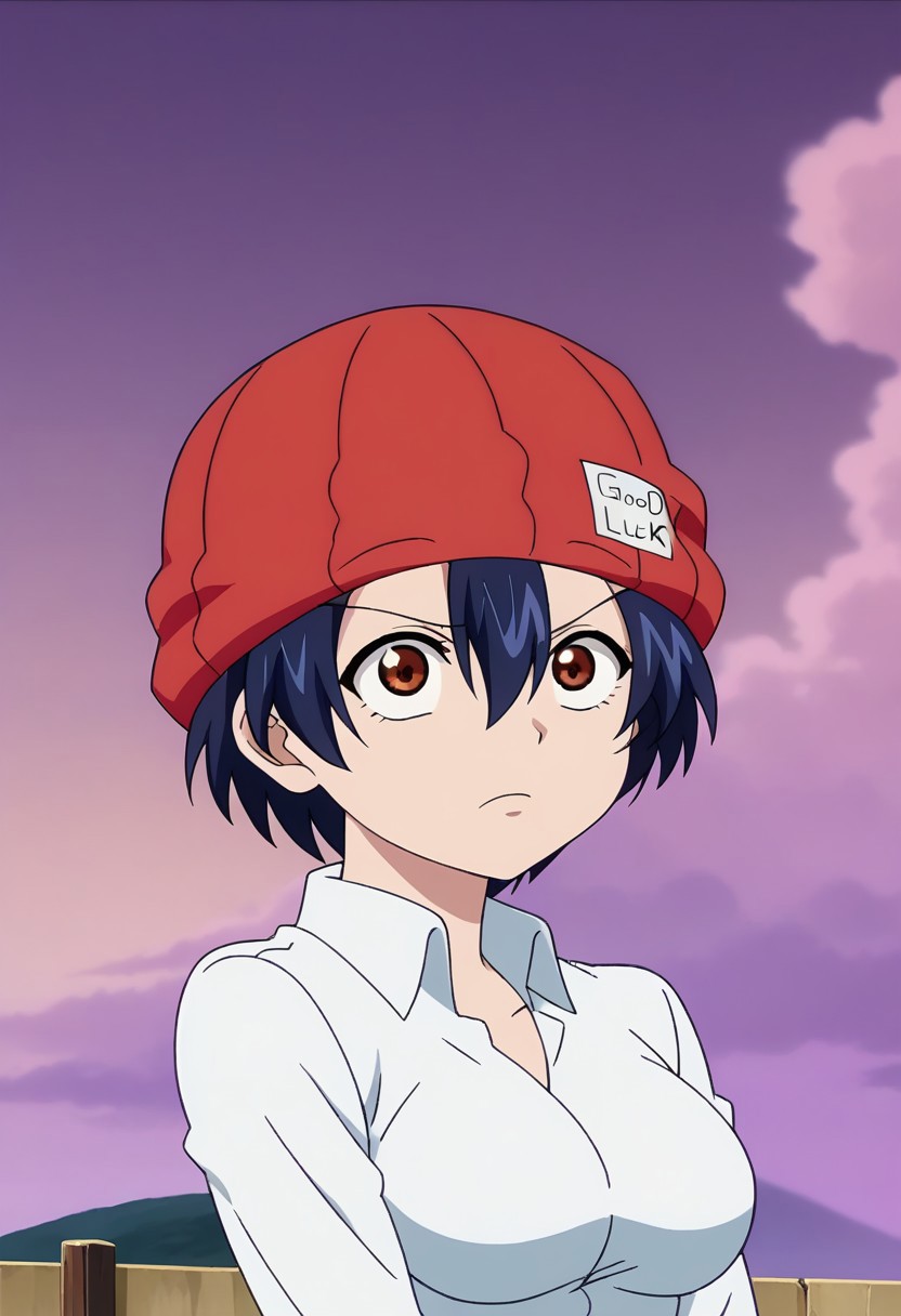 ,,Izumo Fuuko,tomboy,beanie,red headwear,black hair,short hair,hair between eyes,brown eyes,<lora:Izumo Fuuko(uu)-Pony:1.2>,  ,,,,, ,, ,,,,,, ,, ,,   anime coloring, anime screencap, 1girl,Solo ,, anime,PUFFY nipple,large breasts,official art, Uncensored ,Unedited ,,,,,,