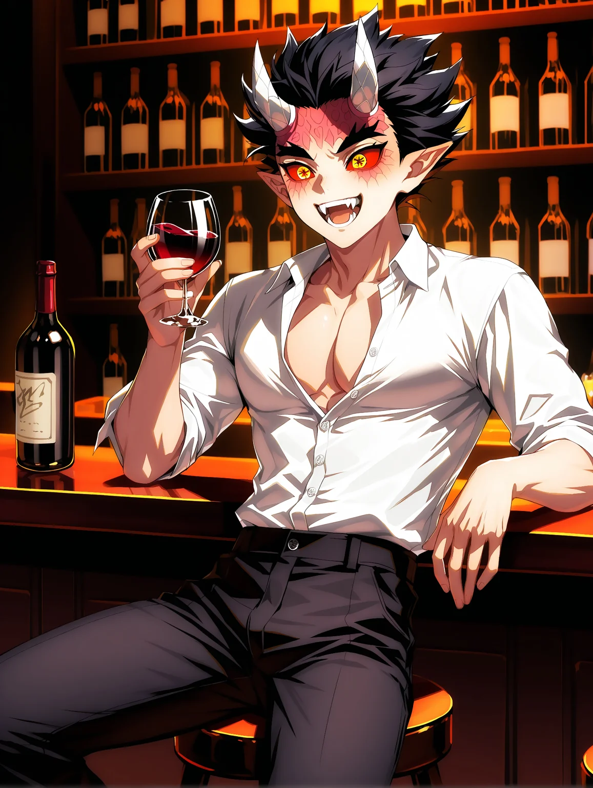 masterpiece, very aesthetic, best quality, solo, amazing quality, imtdzohakuten, 22 years old, 1boy, male, black hair, pointy ears, red sclera, yellow eyes, horns, short hair, kanji pupils, facial mark, spiked hair, fit body, sitting at a bar counter, drink in hand, holding a glass of wine, bottle of wine on the bar, stool, sitting on a stool, having fun, relaxed, fangs, laughing, elegant, elegant surroundings, white shirt, collared shirt, top buttons of shirt undone, pectoral cleavage, black pants, formal pants, cowboy shot, detailed background