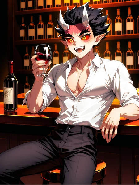 masterpiece, very aesthetic, best quality, solo, amazing quality, imtdzohakuten, 22 years old, 1boy, male, black hair, pointy ears, red sclera, yellow eyes, horns, short hair, kanji pupils, facial mark, spiked hair, fit body, sitting at a bar counter, drink in hand, holding a glass of wine, bottle of wine on the bar, stool, sitting on a stool, having fun, relaxed, fangs, laughing, elegant, elegant surroundings, white shirt, collared shirt, top buttons of shirt undone, pectoral cleavage, black pants, formal pants, cowboy shot, detailed background
