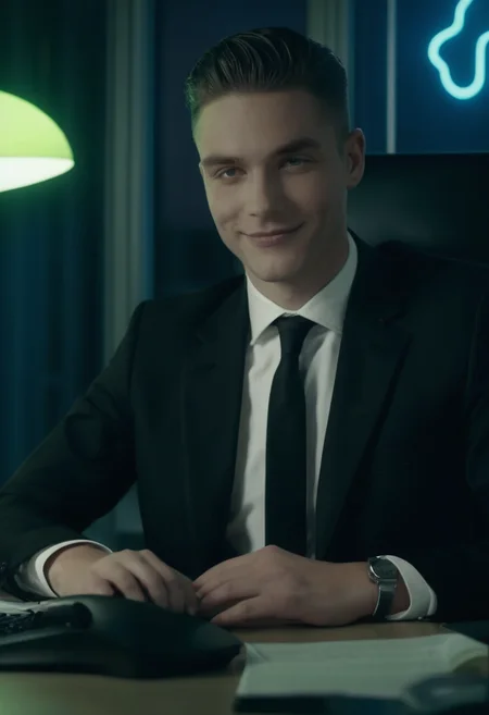 cinematic film still close-up of a deathly pale young man in an expensive black business suit and tie sitting at desk in an office at night, smiling, neon lights <lora:corpse:1>