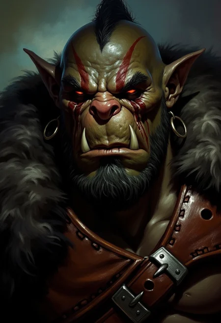 A closeup view of an atmospheric and powerful dark fantasy, natural organic and impressionist classical-style painting of a dark orc with a large nose and a ring on his nose. The creature has red eyes and a large mouth. He has a large belt around his neck with a silver buckle. There is a brown leather patch on his chest.