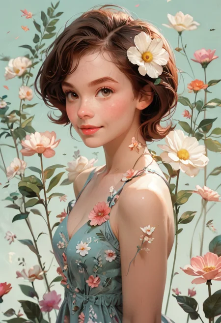 score_9, score_8, score_7 up, 1girl, helen parr, young woman, beautiful eyes, small smile, fl0rald0lls, dynamic pose, summer dress, pastel background, flowers, leaf, pink flower, white flower, red<lora:Floral Dolls Pony Style:0.8><lora:EnvyPonyPrettyEyes01:0.7> <lora:HelenParr:1>