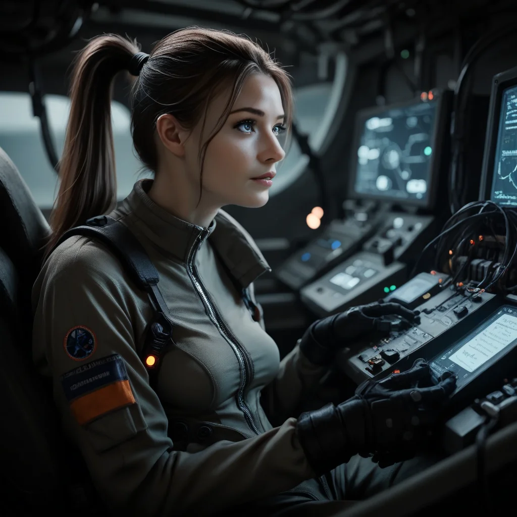 futuristic, scifi, perfect eyes, Score_9, score_8_up, score_7_up, 1woman, pale skin, perfect eyes, long eyelashes, long brown hair, ponytail, perfect face, medium firm breasts, perfect hands and feet, Cables, wires, cords, sockets, hooked up to computer, sitting in pilot's seat of a starship, cockpit, flight suit, unzipped, combat boots
