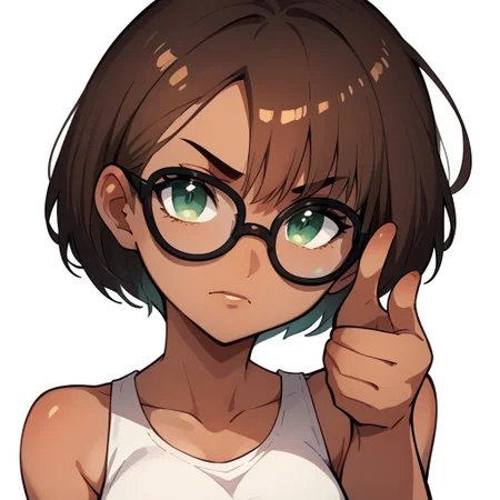 em0te art style, score_9, score_8_up, score_7_up, score_6_up, solo, female, short brown hair, green eyes, black-framed glasses, tan skin, white tank top, white background, fingunatv, finger gun