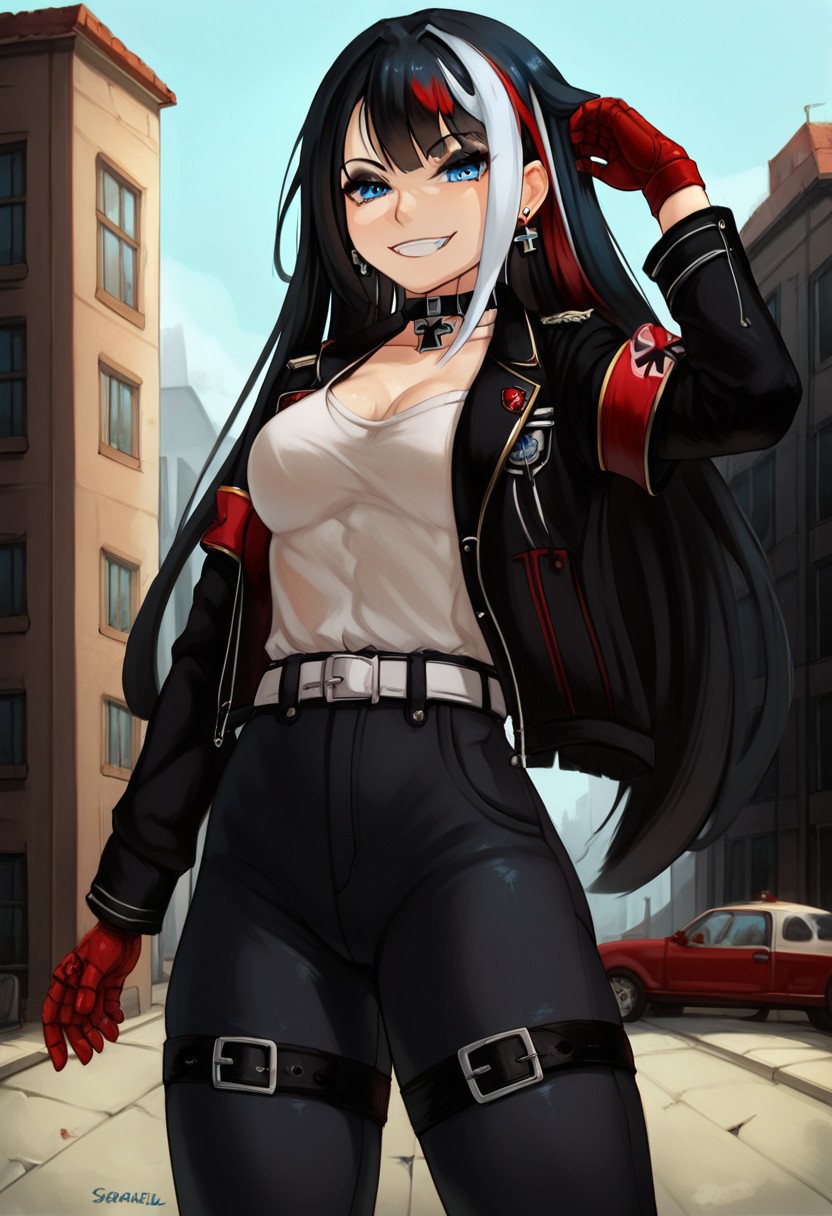 score_9, score_8_up, best quality, seraziel, Black Hair, Long hair, Streaked Hair, Multicolored Hair, Blue Eyes, 1girl, very aesthetic, masterpiece, 8k, black miniskirt,  thighs, thick thighs, deutschland, iron blood \(emblem\), military clothes, military uniform, camo pants, belt, belt bucle, white shirt, german jacket, 1 red armband, (goth:0.9), black eyeshadow, colored inner hair, choker, iron cross choker, iron cross, cross earrings, iron cross earrings, five fingers, perfect hands, ultra-detailed, aesthetic, illustration, intricate details, absurdres, (hires textures: 1.4), (best quality, high detail:1.4), (incredibly detailed:1.4), detailed face, perfect skin, perfecteyes, solo, (muscular female:0.4), (athletic body:0.8), five fingers, perfect hands, solo, smug, street, outdoor,