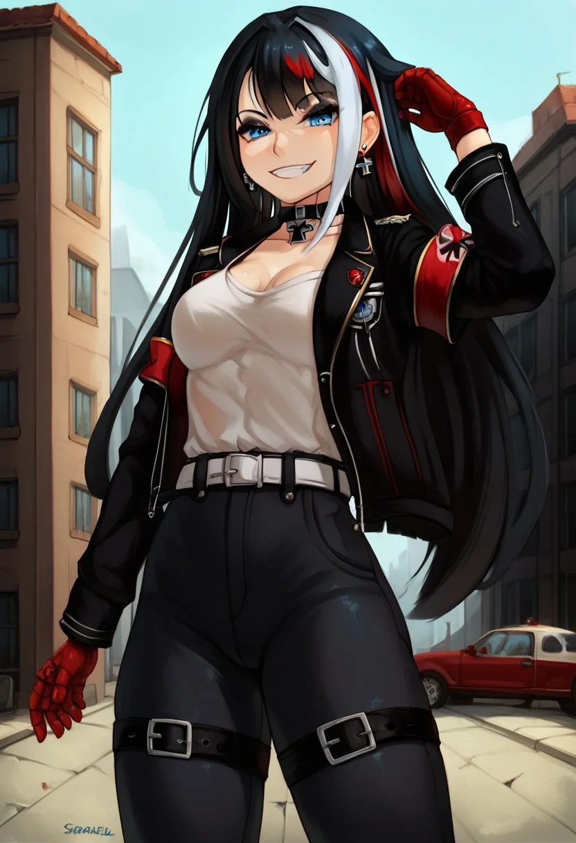 score_9, score_8_up, best quality, seraziel, Black Hair, Long hair, Streaked Hair, Multicolored Hair, Blue Eyes, 1girl, very aesthetic, masterpiece, 8k, black miniskirt,  thighs, thick thighs, deutschland, iron blood \(emblem\), military clothes, military uniform, camo pants, belt, belt bucle, white shirt, german jacket, 1 red armband, (goth:0.9), black eyeshadow, colored inner hair, choker, iron cross choker, iron cross, cross earrings, iron cross earrings, five fingers, perfect hands, ultra-detailed, aesthetic, illustration, intricate details, absurdres, (hires textures: 1.4), (best quality, high detail:1.4), (incredibly detailed:1.4), detailed face, perfect skin, perfecteyes, solo, (muscular female:0.4), (athletic body:0.8), five fingers, perfect hands, solo, smug, street, outdoor,