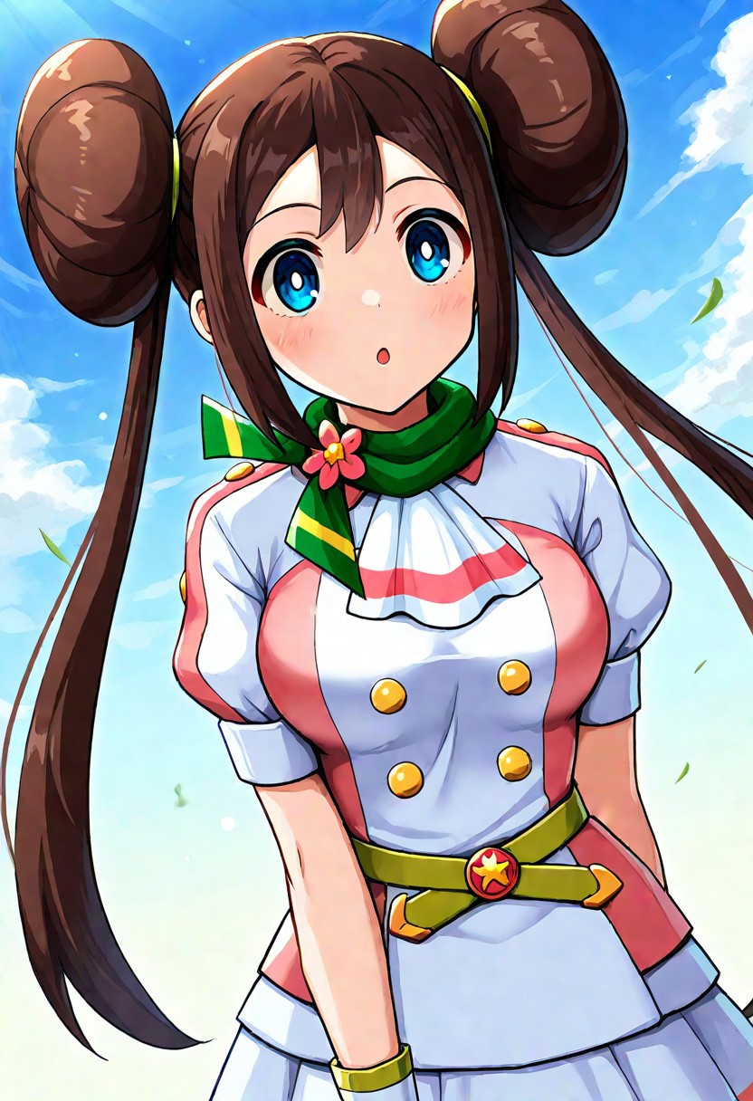 2d, masterpiece, best quality, amazing quality, 1girl, solo, close-up, standing, sky, looking at viewer, scrosa, def colors, blue eyes, brown hair, double bun, twintails, sidelocks, white shirt, yellow buttons, pink shirt, short sleeves, white wrist cuffs, green belt, green scarf, white ascot, white skirt,