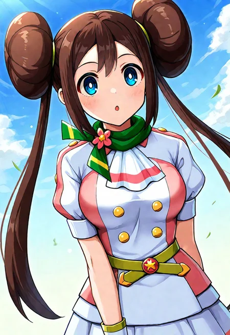 2d, masterpiece, best quality, amazing quality, 1girl, solo, close-up, standing, sky, looking at viewer, scrosa, def colors, blue eyes, brown hair, double bun, twintails, sidelocks, white shirt, yellow buttons, pink shirt, short sleeves, white wrist cuffs, green belt, green scarf, white ascot, white skirt,