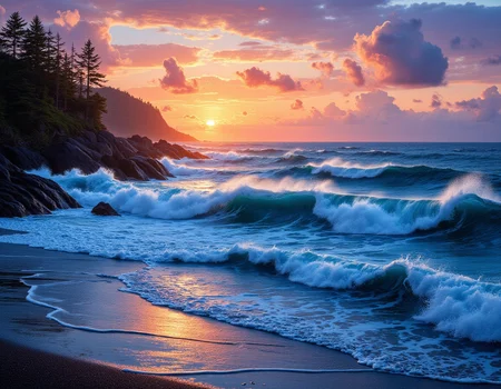 art by Frederick Judd Waugh, painting, A vibrant and breathtaking painting depicts a stunning seascape of rotundi, with swirling blue waves crashing against the shore. The sun is setting, casting an orange glow on the sky and the surrounding trees. volumetric lighting, Velvia, cute, highly color focused, badge, highly detailed