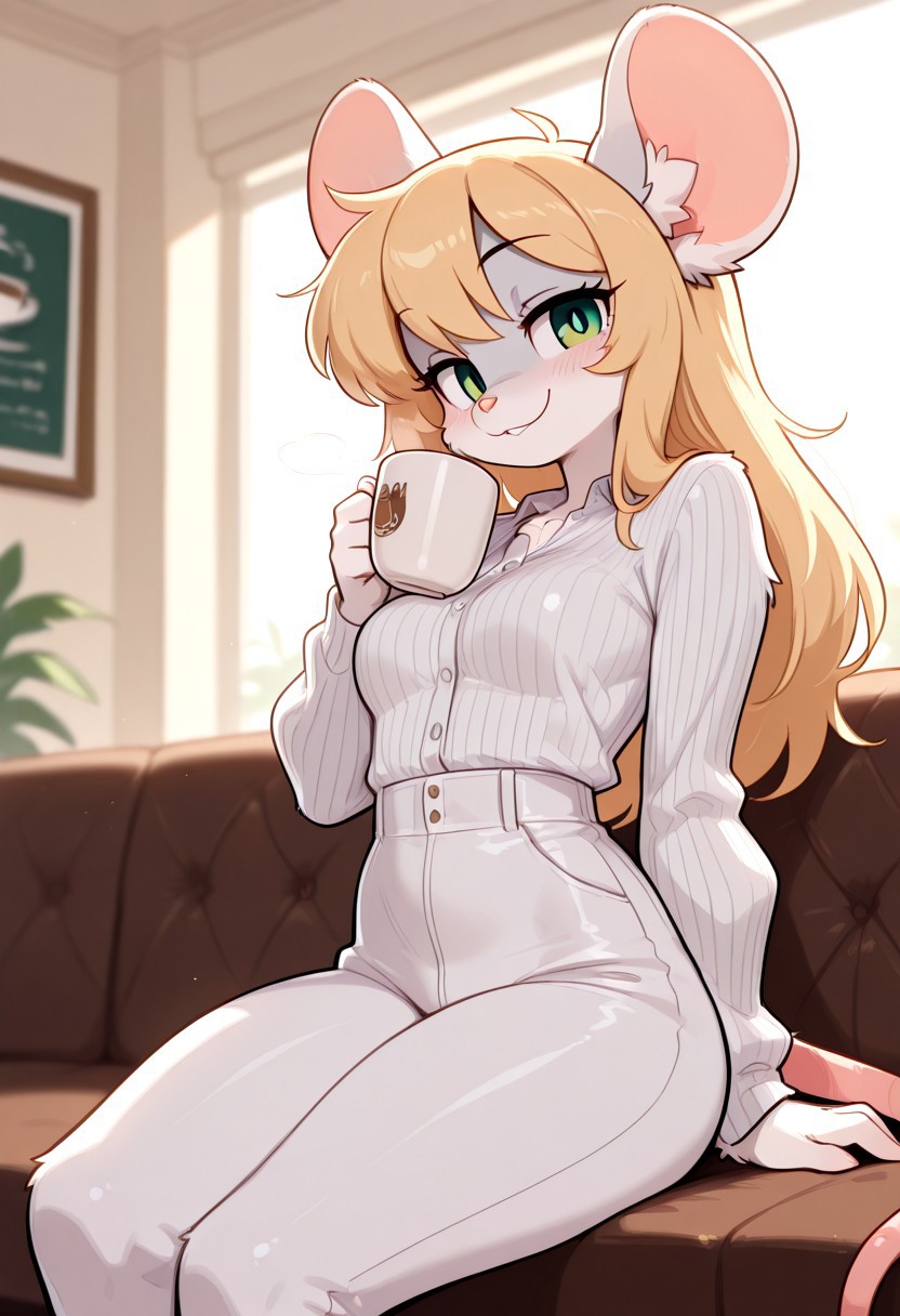 dynamic pose, pinup, masterpiece, best quality, amazing quality,
1girl, solo, (((Chloe)),long hair,blonde hair,animal ears,green eyes,furry female,mouse ears,mouse girl,mouse tail,body fur,white fur,bangs,animal nose),
medium breasts, flirty smile, sitting in a cafe, nice clothes, fancy clothes, detailed clothes, pantsuit, detailed background, drinking coffee, 
fur, fluffy, tuft, detailed fur, body fur, megafluffy, furry,