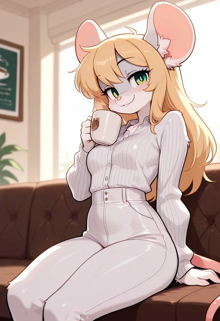 dynamic pose, pinup, masterpiece, best quality, amazing quality,
1girl, solo, (((Chloe)),long hair,blonde hair,animal ears,green eyes,furry female,mouse ears,mouse girl,mouse tail,body fur,white fur,bangs,animal nose),
medium breasts, flirty smile, sitting in a cafe, nice clothes, fancy clothes, detailed clothes, pantsuit, detailed background, drinking coffee, 
fur, fluffy, tuft, detailed fur, body fur, megafluffy, furry,