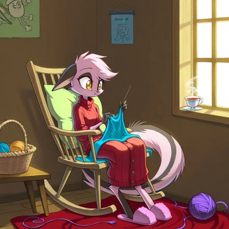 1girl,solo,furry,pink fur,tail,ears,source_furry,
,<lora:Viriathus_Vayu_illustrious:0.8>,
child, kid,
knitting_needles, yarn_ball, sweater, basket, rocking_chair, teacup, blanket, slippers, buttons, wool, window, pillow
Scene: A snug corner by a window with a rocking chair creaking softly, someone knitting a tiny sweater from fluffy wool, needles moving rhythmically. Yarn_ball tumble in a wicker basket, a teacup balances on the armrest, and a blanket drapes over their lap. Cute buttons shaped like stars wait to be sewn on, slippers peek out from under the chair, and a pillow props them up as sunlight streams in, warming the sweet, homey moment.