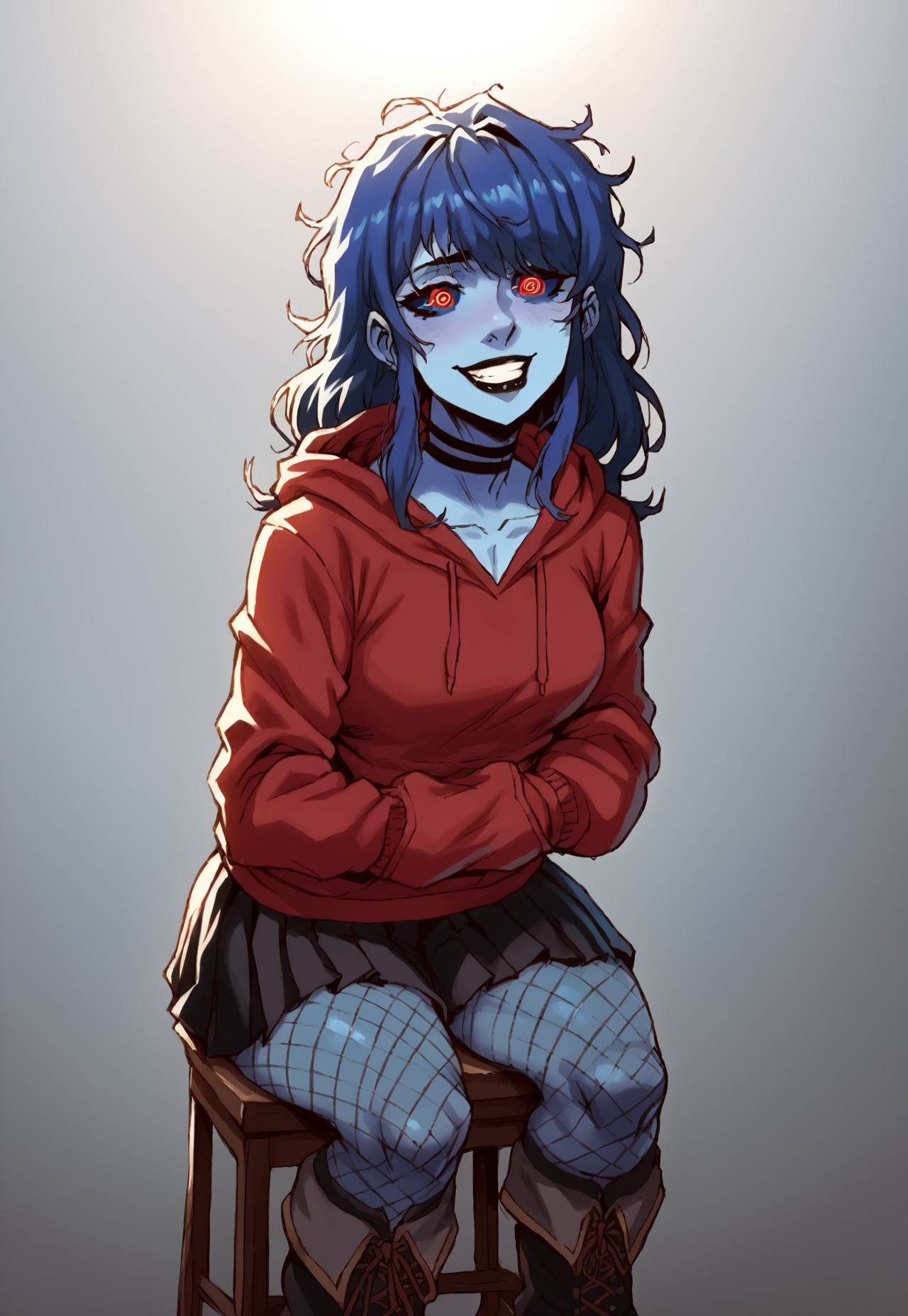 safe_pos, score_9, score_8_up, score_8, (source_anime:1.2), eyedetailxl, bettereyes, detailed_eyes, Makima\(Chainsawman\), (V0XM4CH1N4STYL3:1.4), BREAK, (human woman, blue skin:1.2, blue hair), solo, full body, naughty traditional art, lineart, source_cartoon, western,
BREAK
score_9, score_8_up, score_7_up, score_6_up, thrd, string art, score_9, score_8_up, score_7_up, masterpiece, best quality, high definition, vivid lighting, perfect details, source_anime, depth of field, sketch, sharp focus, soft lighting, hdr, colorful, good composition, spectacular, vivid colors, volumetric lighting, moody lighting, bloom, gaussian blur, absurd, raytracing, blue scelera, detailed eyes, detailed face, 
BREAK
1girl, solo, colored skin, blue skin, red eyes, blue sclera, (ringed eyes), long hair, blue hair, messy hair, ringed eyes, red hoodie, black choker, black lips, hair over one eye, bangs, evil smile, gesugao, medium hair, hair over shoulder, bangs, hood down, very long hair, each follicle and texture in hair detailed, each texture detailed, wearing a detailed, red hoodie, Partially obscured face, revealing only piercing eyes adorned with kohl.arcane energy aura, sexy body, cowboy shot,  masterpiece, ultra-detailed, sitting on stool, studio, fishnets, black boots, black skirt, pleated skirt, 