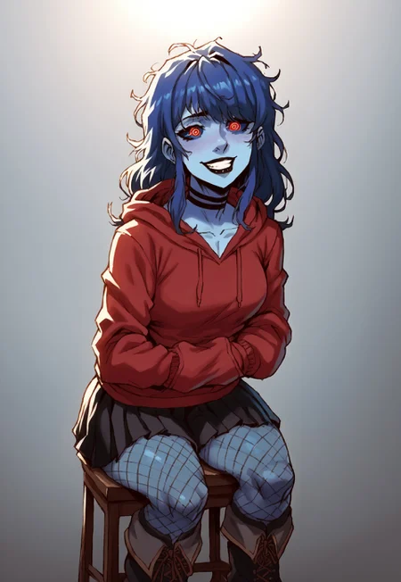 safe_pos, score_9, score_8_up, score_8, (source_anime:1.2), eyedetailxl, bettereyes, detailed_eyes, Makima\(Chainsawman\), (V0XM4CH1N4STYL3:1.4), BREAK, (human woman, blue skin:1.2, blue hair), solo, full body, naughty traditional art, lineart, source_cartoon, western,
BREAK
score_9, score_8_up, score_7_up, score_6_up, thrd, string art, score_9, score_8_up, score_7_up, masterpiece, best quality, high definition, vivid lighting, perfect details, source_anime, depth of field, sketch, sharp focus, soft lighting, hdr, colorful, good composition, spectacular, vivid colors, volumetric lighting, moody lighting, bloom, gaussian blur, absurd, raytracing, blue scelera, detailed eyes, detailed face,
BREAK
1girl, solo, colored skin, blue skin, red eyes, blue sclera, (ringed eyes), long hair, blue hair, messy hair, ringed eyes, red hoodie, black choker, black lips, hair over one eye, bangs, evil smile, gesugao, medium hair, hair over shoulder, bangs, hood down, very long hair, each follicle and texture in hair detailed, each texture detailed, wearing a detailed, red hoodie, Partially obscured face, revealing only piercing eyes adorned with kohl.arcane energy aura, sexy body, cowboy shot, masterpiece, ultra-detailed, sitting on stool, studio, fishnets, black boots, black skirt, pleated skirt,