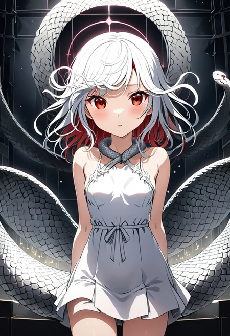 source anime, anime style, official art, "Sengoku Nadeko wrapped by a pale white snake around her neck, glowing under soft, eerie lighting, surrounded by detailed scales, mixed with a surreal and unsettling atmosphere, photorealistic textures." white_hair, red_eyes, medium_hair, snake_hair, small_breasts, WHITE DRESS, <lora:SDXLFaeTastic2400:0.4> <lora:extremely_detailed:0.4> extremely detailed, <lora:sn4ke:1>,sn4ke, Masterpiece,best quality,hi res,8k,hi res,8k,award winning,(sharp focus, intricate, highly detailed), rating:safe