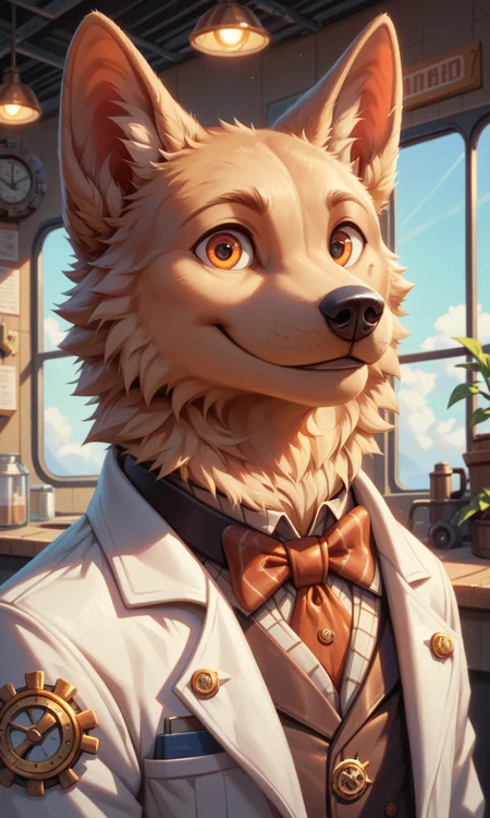 score_9, score_8_up, score_7_up, score_6_up, source_furry,BREAK,detailed face eyes and fur, 1boy, cute, solo, close-up portrait, dog wearing steampunk lab coat in a 19th century pharmacy shop interior, orange eyes, steampunk art, global illumination, pose, smile, high detailed, cinematic, complex background