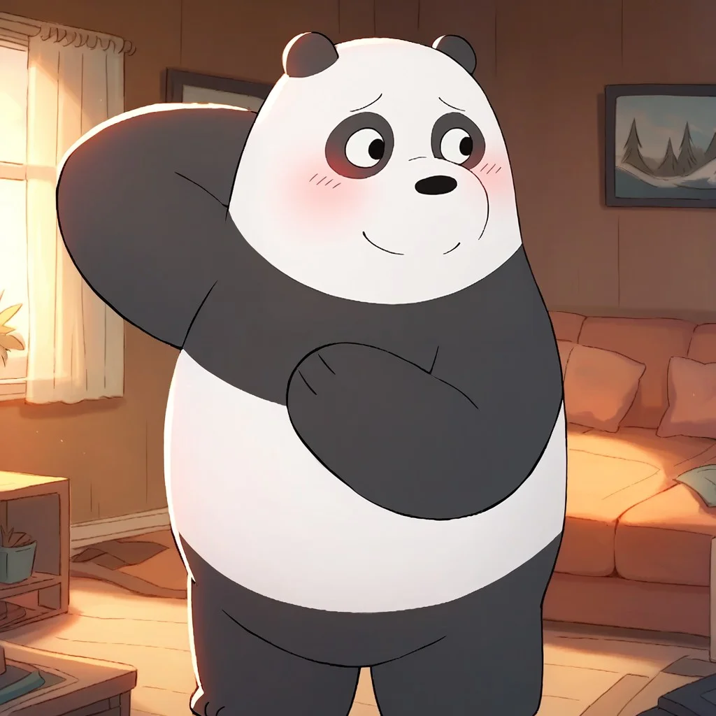 score_9, score_8_up, score_7_up, panpan, anthro, furry male, solo, panda bear, black fur, white fur, two-tone fur, black nose, dot eyes, paw pads, standing, shy smile, hand behind head, looking away, indoors, living room