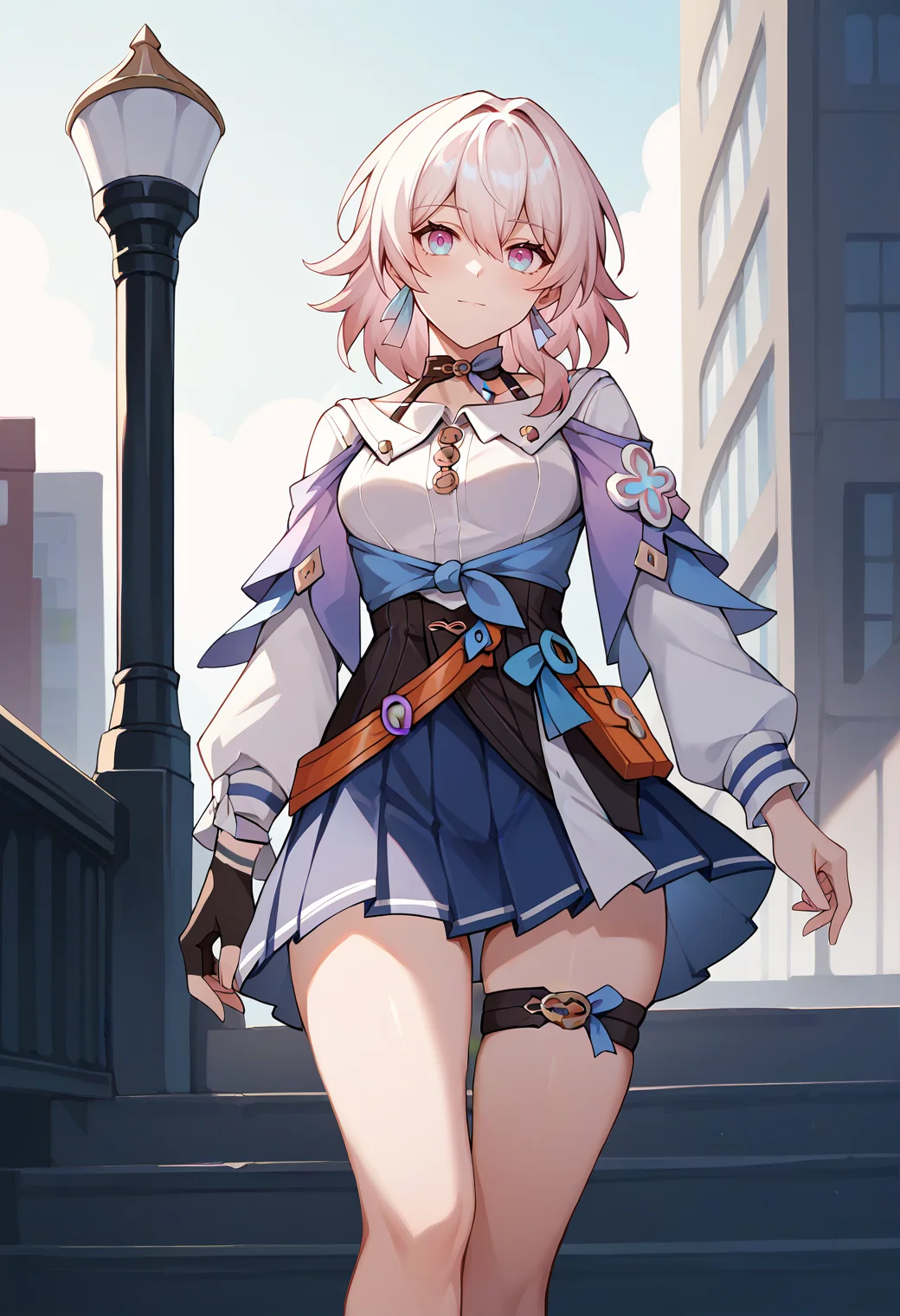 score_9,score_8_up,score_7_up,score_6_up,score_5_up,score_4_up,
1girl, march 7th \(honkai: star rail\), medium hair, breasts, white shirt, pleated skirt, blue skirt, black corset, partially fingerless gloves, thigh strap, halterneck, tied shirt, long sleeves, single earring, single glove,
solo, cowboy shot, looking at viewer, outdoors, cityscape, walking,
<lora:march7thponyxl3:1>