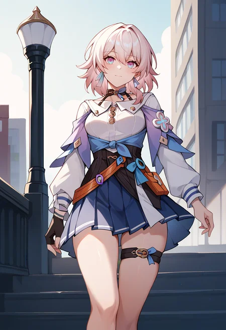 score_9,score_8_up,score_7_up,score_6_up,score_5_up,score_4_up,
1girl, march 7th \(honkai: star rail\), medium hair, breasts, white shirt, pleated skirt, blue skirt, black corset, partially fingerless gloves, thigh strap, halterneck, tied shirt, long sleeves, single earring, single glove,
solo, cowboy shot, looking at viewer, outdoors, cityscape, walking,
<lora:march7thponyxl3:1>