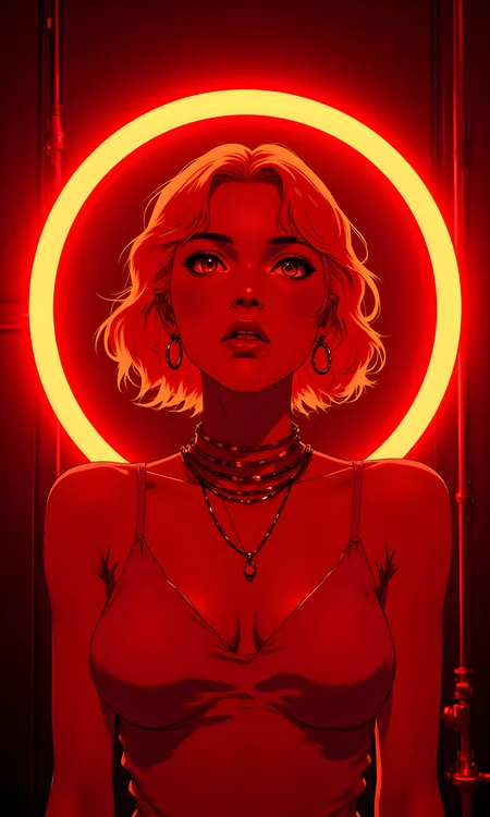 A woman with short, wavy blonde hair that appears to be illuminated by a bright red light. She is positioned in front of a circular neon ring, which casts a warm, reddish glow over her face and upper body. Her expression is intense and captivating, with her eyes looking directly at the camera.
Her facial expression is bold and confident. She has a slight pout on her lips, which adds to the overall intensity of her look. Her eyes are wide open, creating a sense of connection with the viewer. The red lighting enhances the contours of her face, making her features stand out even more.
She is standing upright, with her shoulders slightly back, giving a strong and assertive posture. Her head is tilted slightly upwards, adding to the dramatic effect of the image. The way she holds herself conveys a sense of self-assurance and presence.
The woman is wearing a sleeveless top or dress that leaves her shoulders and chest exposed. The fabric appears to be lightweight and possibly sheer, adding a touch of elegance and sophistication to her outfit. She also has several necklaces around her neck, which add a layer of detail and style to her appearance.
The camera is positioned at eye level, capturing the woman from a frontal perspective. This angle allows for a direct and intimate view of her face and upper body. The framing is tight, focusing primarily on her and the immediate surroundings.
The lighting in the image is predominantly red, coming from the circular neon ring behind her. The red light creates a warm and intense atmosphere, casting shadows that highlight the texture of her skin and hair. The contrast between the bright red light and the darker background enhances the overall visual impact.
The background is dark and minimalistic, with no distinct features or objects. The focus is entirely on the woman and the neon ring behind her. The darkness of the background helps to draw attention to the subject and the vibrant red light.
The composition is centered and symmetrical, with the woman positioned in the middle of the frame. The circular neon ring frames her face perfectly, creating a halo-like effect. The lines of the ring and the direction of her gaze guide the viewer's eye through the image, creating a sense of balance and harmony. The overall effect is one of drama and intensity, capturing a moment of powerful presence and beauty.
BREAK j_art, anime, anime art, <lora:FLUX\RetroAnimeS1.1:0.1>, <lora:FLUX\GLSHS:0.1>, <lora:FLUX\Dieselpunk Delight - s0_9 g4:0.1>, <lora:FLUX\Anime Art V3:0.1>, <lora:FLUX\jul\J_Anime:1.0>