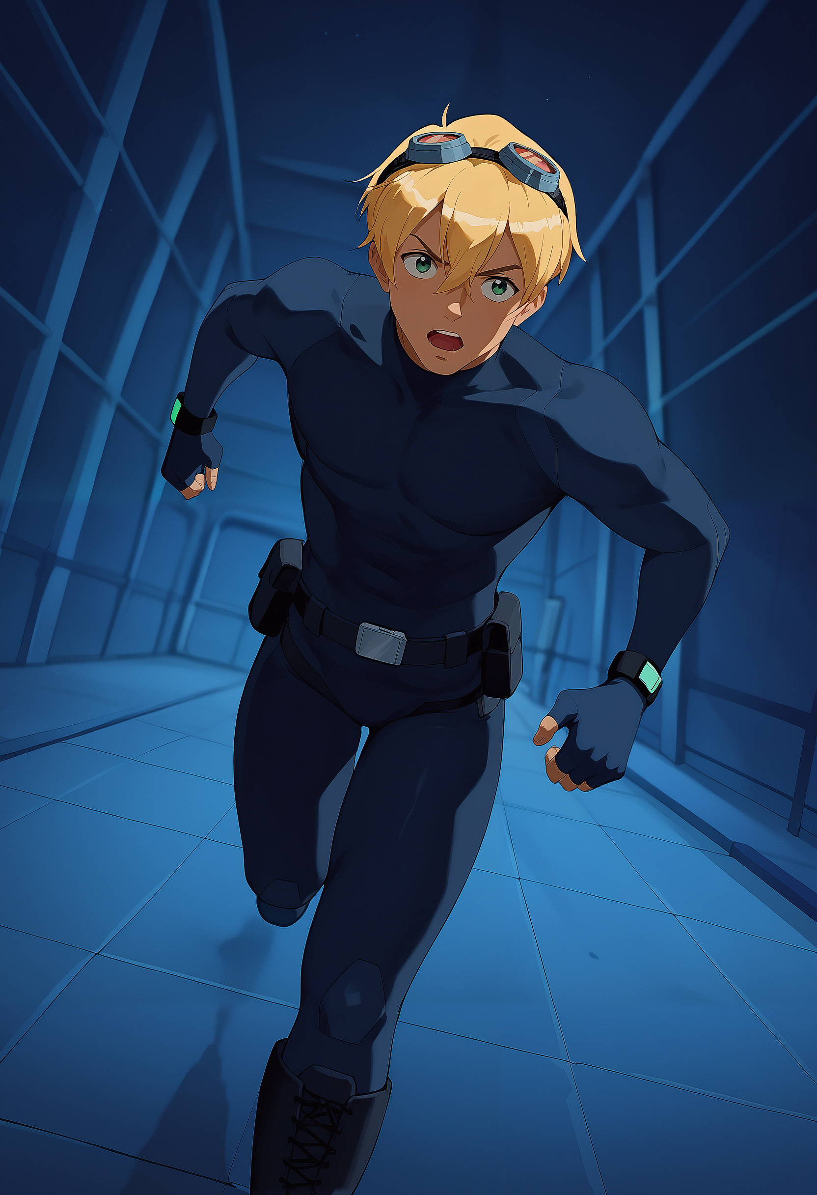 embedding:Pony\Positive\zPDXL3, score_9, score_8_up, score_7_up, kylekatz_ts!, 1boy, blonde hair, light tanned skin, green eyes, body suit, navy catsuit, red goggles, goggles on head, belt, fingerless gloves, boots, running, heavy breaths, dynamic pose, dynamic angle, emphasis line, best quality, high resolution, masterpiece.