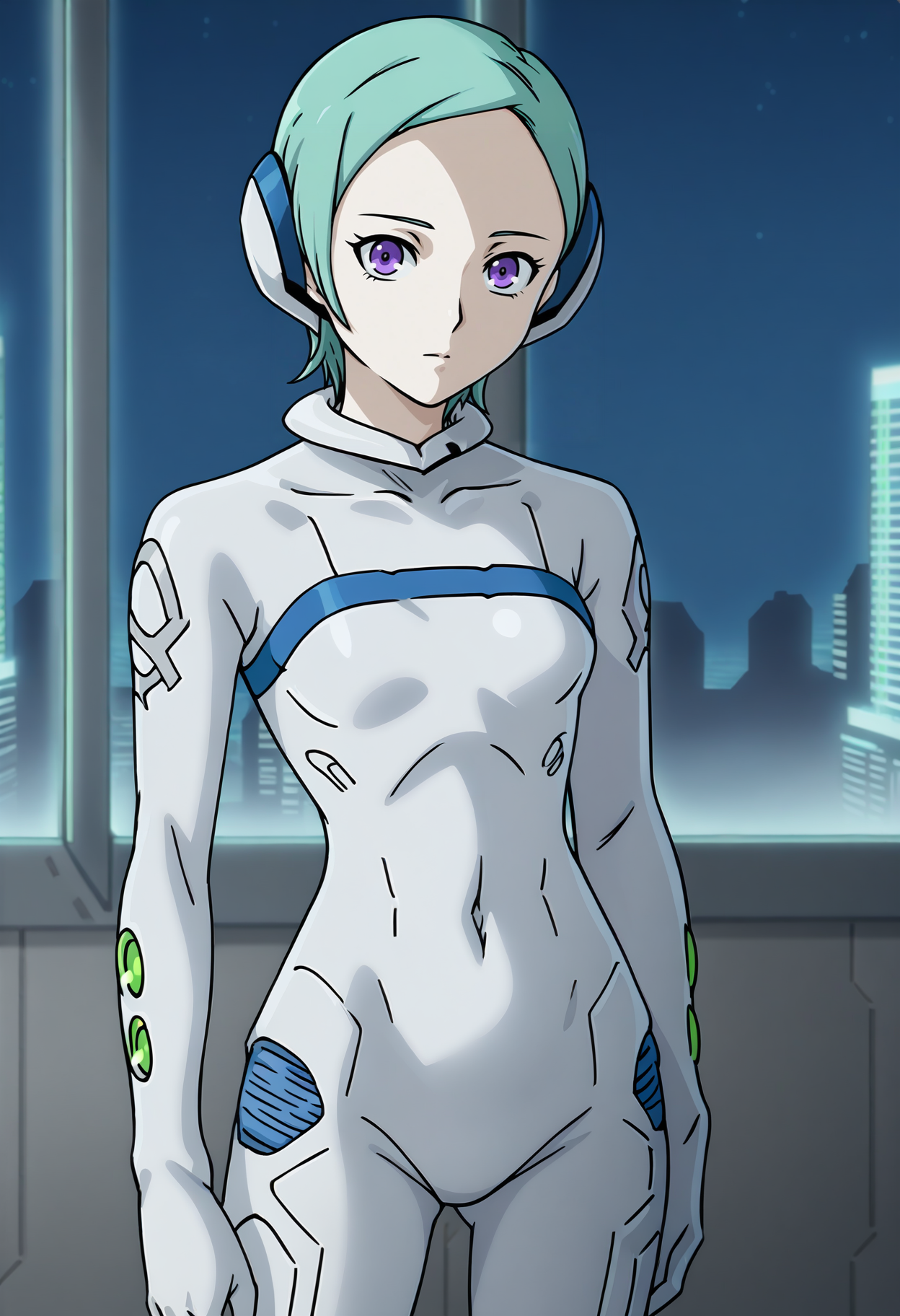 1girl, solo, EUREKE7, purple eyes, Hiyevo, white bodysuit, <lora:Eureka - Eureka Seven V5-000020:1>, standing, cowboy shot, looking at viewer, bedroom, window, cityscape, expressionless, night