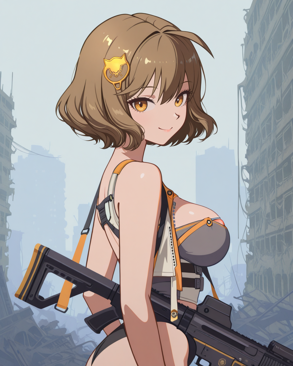 masterpiece,best quality,higres illustration,detailed face,1girl,<lora:minimaltoon_IL:1>,minimalism,looking at viewer,smile,from side,anis \(nikke\),assault rifle,abandoned city,