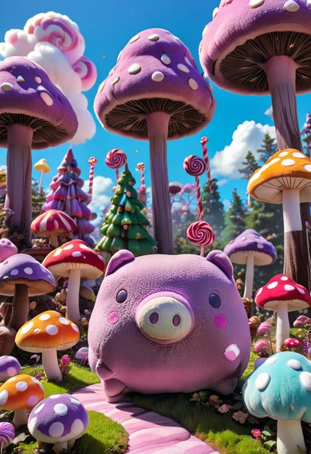 Image of Boopig, a purple pig, plushie, kawaii, sweetheart, joyful, floating, giant mushrooms, candy colorful candies, chocolate trees, marshmallow clouds, sparkles, candyland, mushroom forest, sugary land, whimsical, magical, dreamy, enchanting
