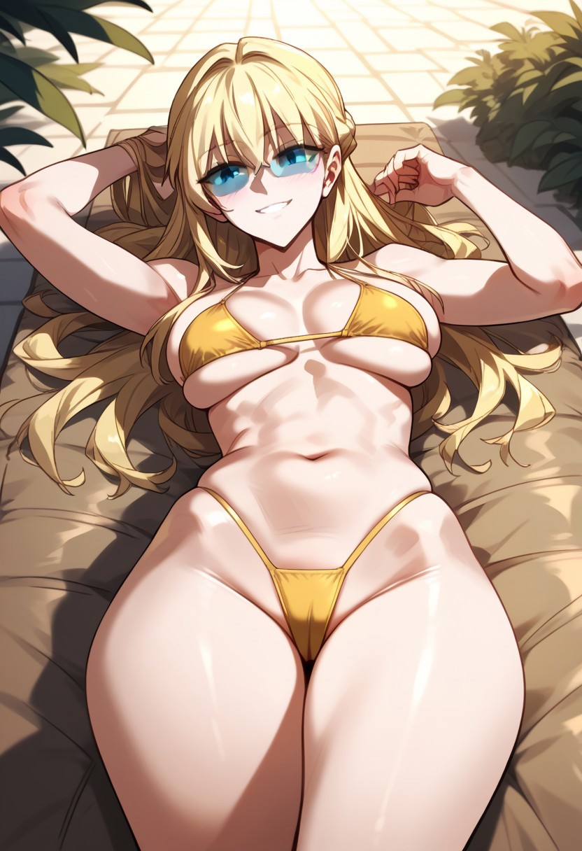 zPDXL3, score_9_up, score_8_up, score_7_up, (Anime_source), 1girl, MariaJaeger, blue eyes, blonde hair, long hair, updo hair, braid, cowboy shot, looking at viewer, smile, light blush,  (bikini, g thong, lying on chaise lounge), yellow theme, sunglasses
