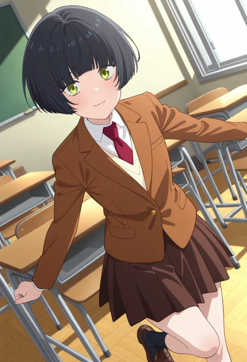 masterpiece,best quality,absurdres,perfect lighting,classroom,
*//*,<lora:HealerGirl_ShinobuHonosaka-Illustrious:1>,shinobu_honosaka,1girl,solo,black hair,short hair,bob cut,green eyes,school uniform,blazer,brown jacket,long sleeves,red necktie,white shirt,collared shirt,brown skirt,pleated skirt,black socks,shoes,brown footwear,loafers,
*//*,looking at viewer,cowboy shot,dutch angle,dynamic pose,light smile,