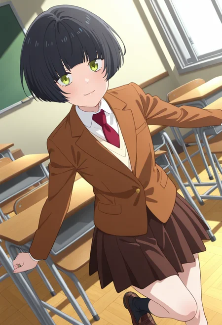 masterpiece,best quality,absurdres,perfect lighting,classroom,
*//*,<lora:HealerGirl_ShinobuHonosaka-Illustrious:1>,shinobu_honosaka,1girl,solo,black hair,short hair,bob cut,green eyes,school uniform,blazer,brown jacket,long sleeves,red necktie,white shirt,collared shirt,brown skirt,pleated skirt,black socks,shoes,brown footwear,loafers,
*//*,looking at viewer,cowboy shot,dutch angle,dynamic pose,light smile,