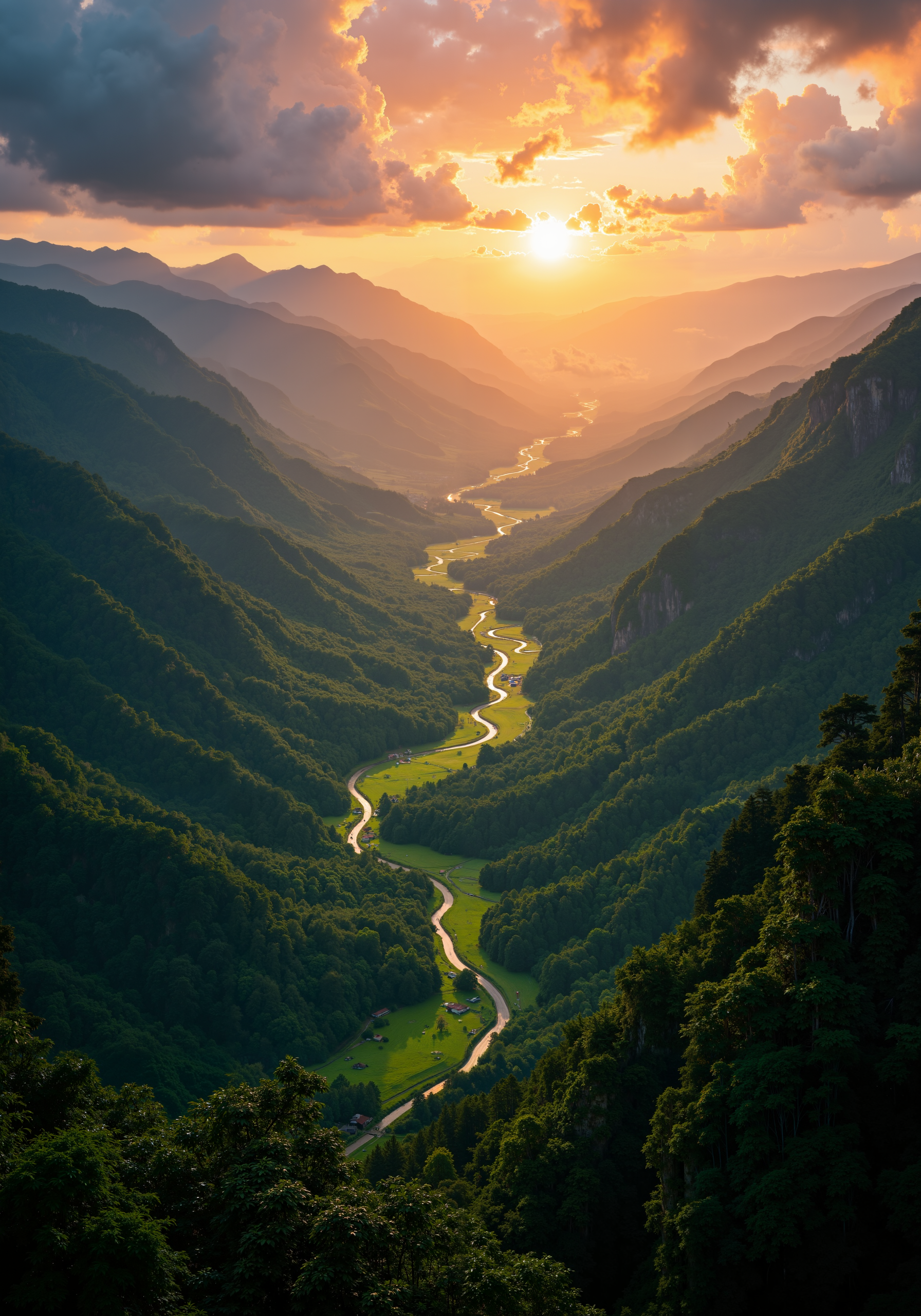 A sweeping aerial view of a verdant valley, vibrant sunset illumination over rolling hills and a dense evergreen forest. Intricate natural textures, rich color gradients, atmospheric glow, delicate shadows, majestic sky, and refined details. Lush foliage, dynamic spatial composition, 8k masterpiece quality, photorealistic clarity, exquisite natural artistry, vibrant hues, and serene ambiance captured in an elegant interplay of light and landscape. <lora:Synesthesia:0.4> <lora:FluxFantasyDetailerV2:0.6> <lora:flux_dev:1>