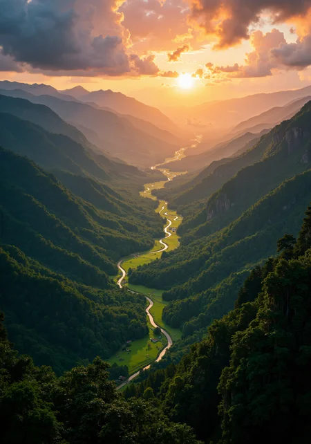 A sweeping aerial view of a verdant valley, vibrant sunset illumination over rolling hills and a dense evergreen forest. Intricate natural textures, rich color gradients, atmospheric glow, delicate shadows, majestic sky, and refined details. Lush foliage, dynamic spatial composition, 8k masterpiece quality, photorealistic clarity, exquisite natural artistry, vibrant hues, and serene ambiance captured in an elegant interplay of light and landscape. <lora:Synesthesia:0.4> <lora:FluxFantasyDetailerV2:0.6> <lora:flux_dev:1>