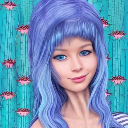 pretty blue-haired woman in a field of cacti at night beneath vivid stars,( wide angle ), highly detailed,( ( ( ( sam-yang style ) ) ) )
