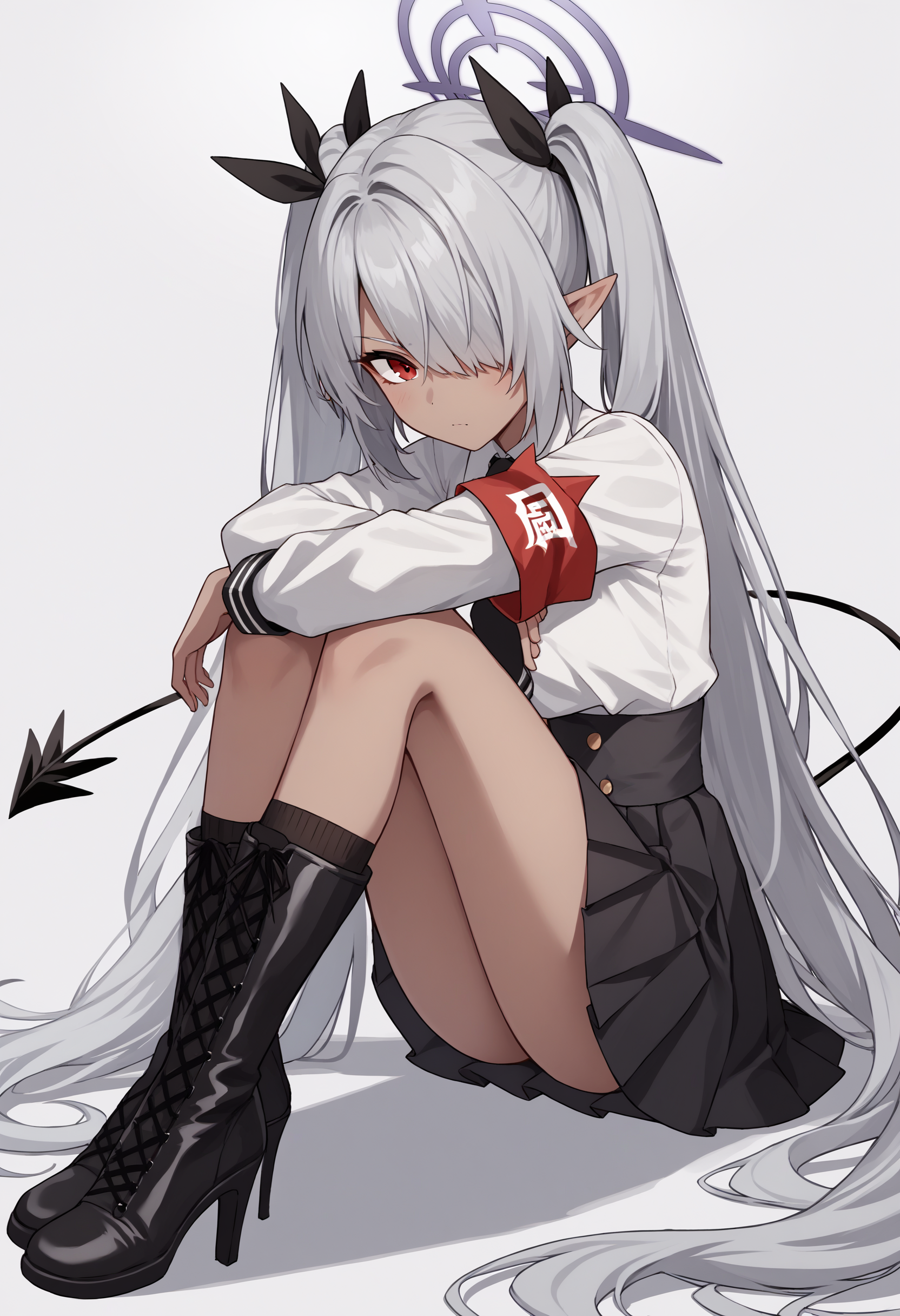 score_9, score_8_up, score_7_up, source_anime, rating_safe, sidef, red eyes, dark skin, dark-skinned female, pointy ears, grey hair, hair over one eye, twintails, very long hair, hair ribbon, black ribbon, halo, demon tail, white shirt, long sleeves, black necktie, red armband, black skirt, high-waist skirt, pleated skirt, looking at viewer, black socks, boots, high heel boots, sitting, hugging own legs<lora:ShiromiIoriPonyXLv6:1>
