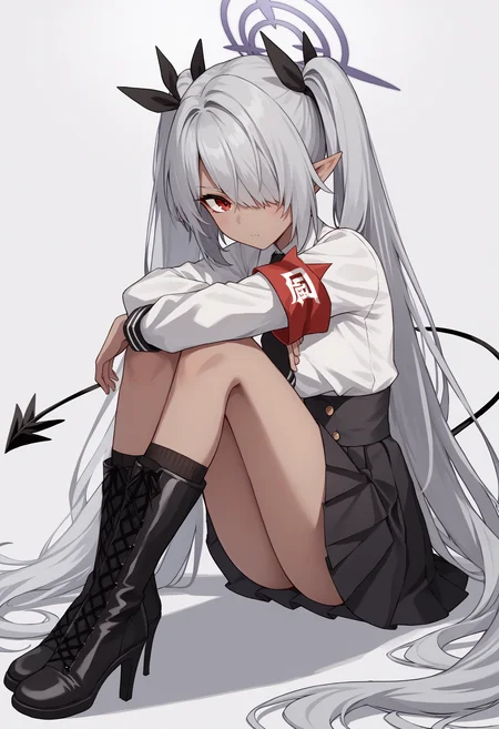 score_9, score_8_up, score_7_up, source_anime, rating_safe, sidef, red eyes, dark skin, dark-skinned female, pointy ears, grey hair, hair over one eye, twintails, very long hair, hair ribbon, black ribbon, halo, demon tail, white shirt, long sleeves, black necktie, red armband, black skirt, high-waist skirt, pleated skirt, looking at viewer, black socks, boots, high heel boots, sitting, hugging own legs<lora:ShiromiIoriPonyXLv6:1>