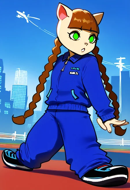 score_9, score_8_up, score_7_up
, masterpiece, beautiful,stretching,
nyamipop, cat girl, cat ears, animal nose, big breen eyes, no pupils, 2 long braids, brown hair, hair bang,
Jumpsuit blue,blue sport clothing, blue sport pants, long sleeves jumpsuit, black shoes,
green hill, hills background,