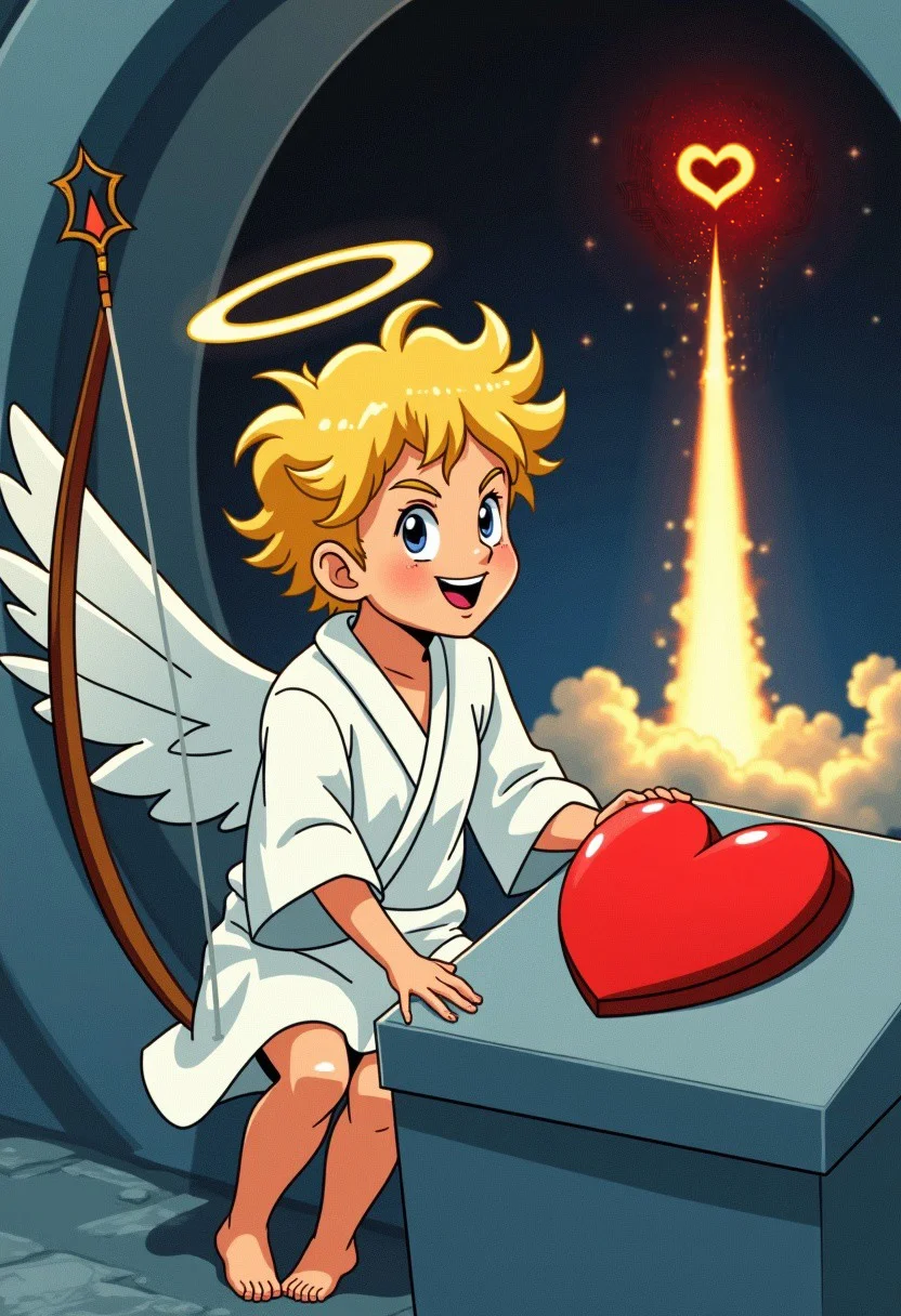 In the style of a 90s anime, retro, 1 boy, Cupid, a young angel, small body, small wings, blond hair, wearing white robes, sitting at a control panel, 1 bow and 1 heart shaped arrow rest on the control panel. Cupid has an evil smile, a mad scientist expression, with a halo on his head. In the background is a missile silo, the missile silo is open, an ICBM launches out from the missile silo, the rocket is heart shaped. On the control panel is a giant heart shaped button.