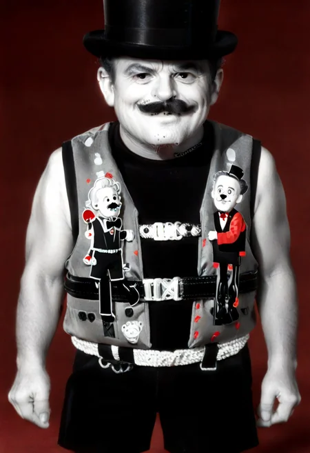 ((((((black and white,black shirt, belt, stubble, red theme, shorts, greyscale, 1boy, life vest)))))),((small man with mustache, top hat, kenbis, chibi, chibi, male only, male, male chibi, monocle, art deco, thick mustache, comically large mustache, handlebar mustache, tiny, multiple men, shrunk, microxl, some little guys, high angle, from above)), bwMovies, realistic, photo, vintage photo, ((very small man, small man, a small man, a man who is small, a small man)), an unapologetically small human male, black and white, smiling, very happy, euphoric, ecstatic, wonderful small men, large smile, huge smile