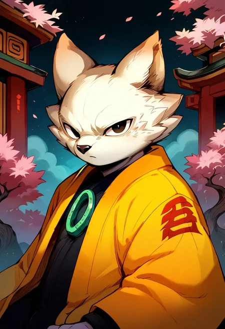 score_9, score_8_up, score_7_up, Expressiveh, style-psycho, eye catching, detailed background, cherry blossom, japanese pagoda, epic, fantasy, solo, white fur, green ring on chest, animal ears, furry, furry male, black eyes, traditional youkai, body fur, no mouths, body suit, yellow coat, haori, reclining, side view, looking at viewer