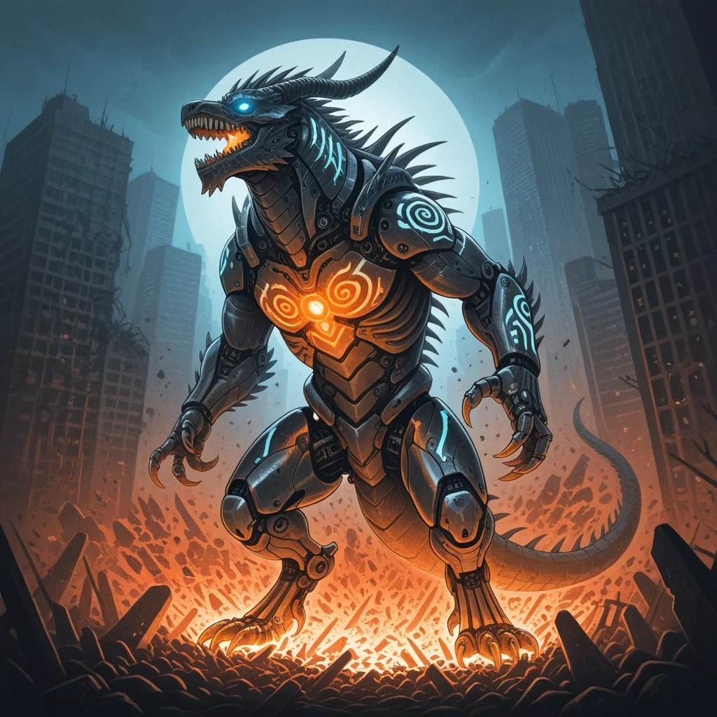 (dragon), highly detailed, robot, horns, metallic skin, sweetydoujinstyleil,
white bio - mechanical details, bionic cyborg implants, solo, detailed background, solo, glowing eyes, city,(glowing orange blue tribal markings), claws, dragon, feral, monster, kaijuu, sharp teeth, scales, giant, claws, spikes, destruction, glowing eyes, science fiction, tail, horns, godzillainhellstyleil,