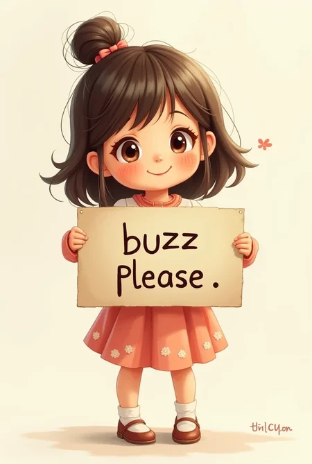 1 girl, holding a sign that says "Buzz Please", cute girl, lovely girl,